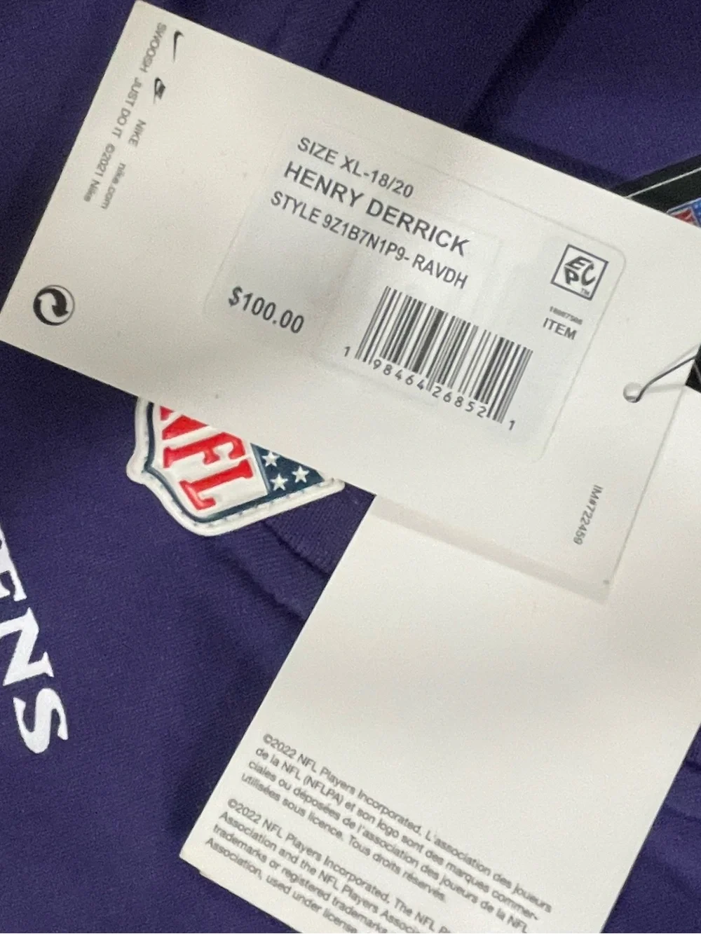 NWT Nike NFL Baltimore Ravens Derrick Henry #22 Jersey Purple Youth XL(18/20)